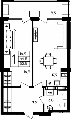 1-комн., 44.5 м²