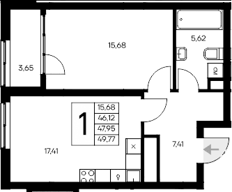 1-комн., 46.12 м²