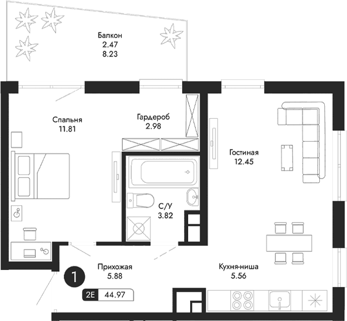 2-комн., 42.5 м²