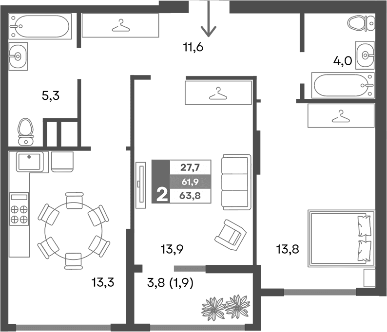 2-комн., 61.9 м²