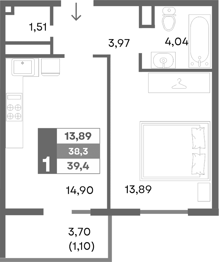 1-комн., 38.3 м²