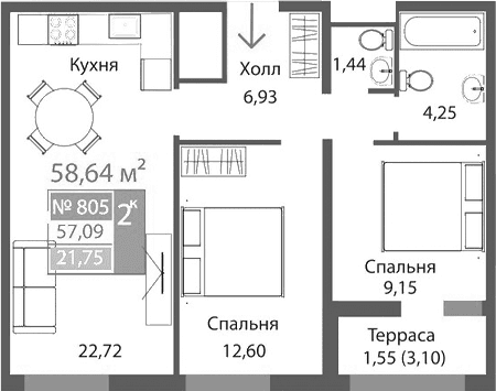 2-комн., 57.09 м²