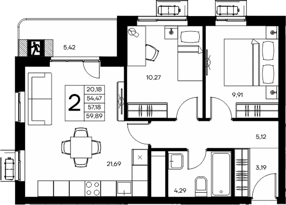 2-комн., 54.47 м²