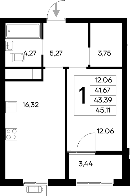 1-комн., 41.67 м²
