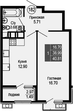 1-комн., 38.99 м²