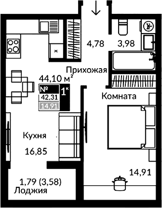 2-комн., 40.52 м²