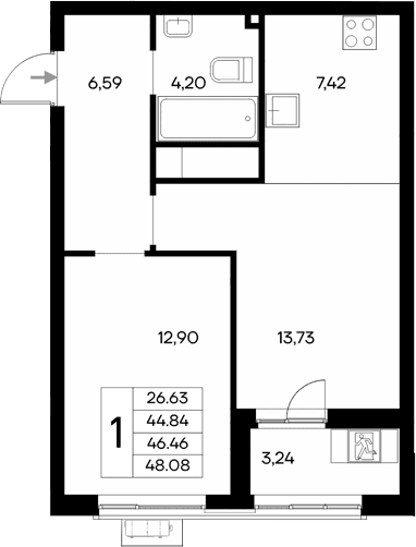 1-комн., 44.84 м²