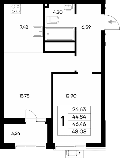 1-комн., 44.84 м²