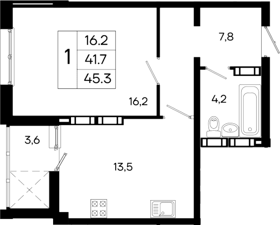 1-комн., 41.7 м²