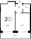 1-комн., 43.9 м²