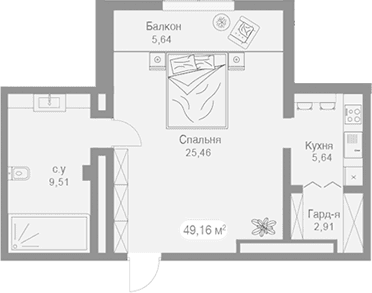 Студия, 44.78 м²