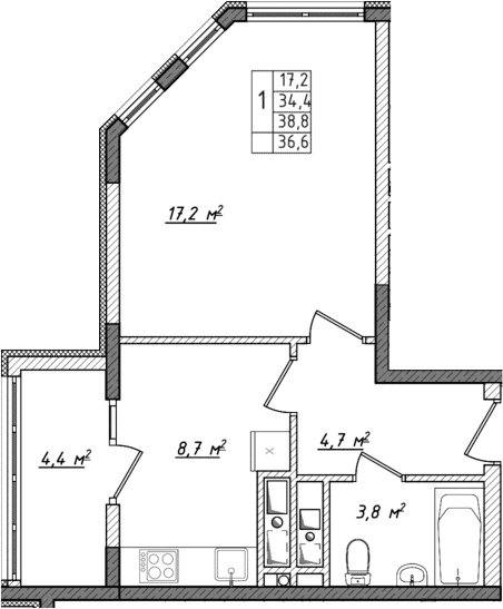 1-комн., 34.4 м²