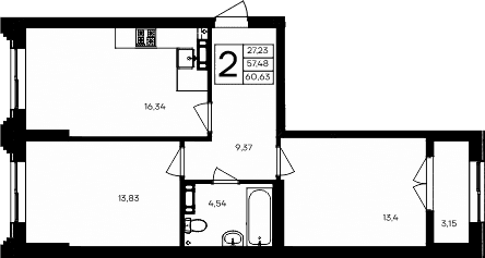 2-комн., 57.48 м²
