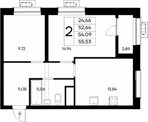 2-комн., 52.64 м²