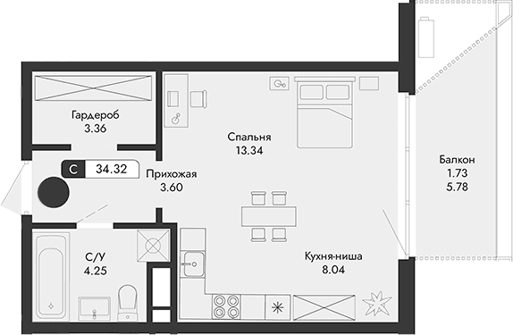 Студия, 32.59 м²