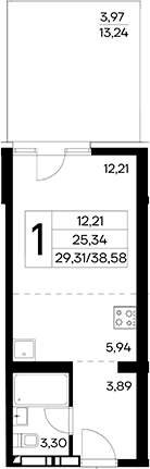 Студия, 34.61 м²