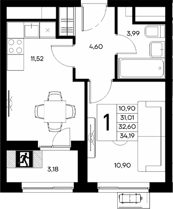1-комн., 31.01 м²