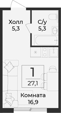 Студия, 27.1 м²