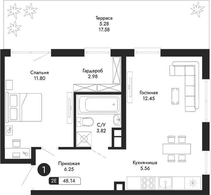 2-комн., 42.86 м²