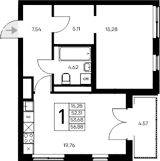 1-комн., 52.31 м²