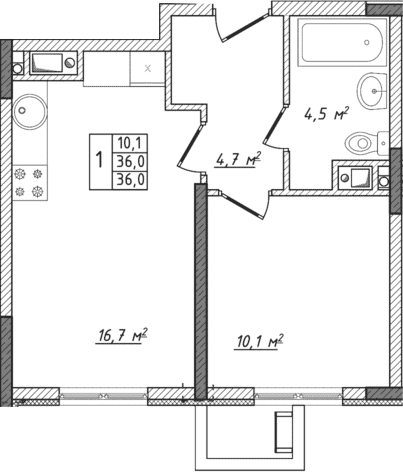 2-комн., 36 м²