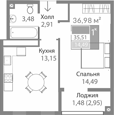 1-комн., 34.03 м²