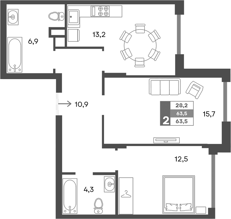 2-комн., 63.5 м²