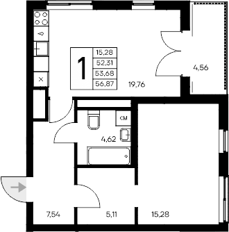 1-комн., 52.31 м²
