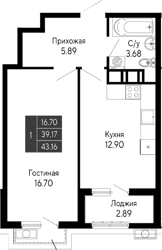 1-комн., 39.17 м²