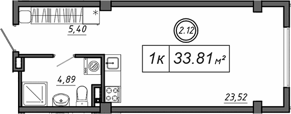 Студия, 33.81 м²