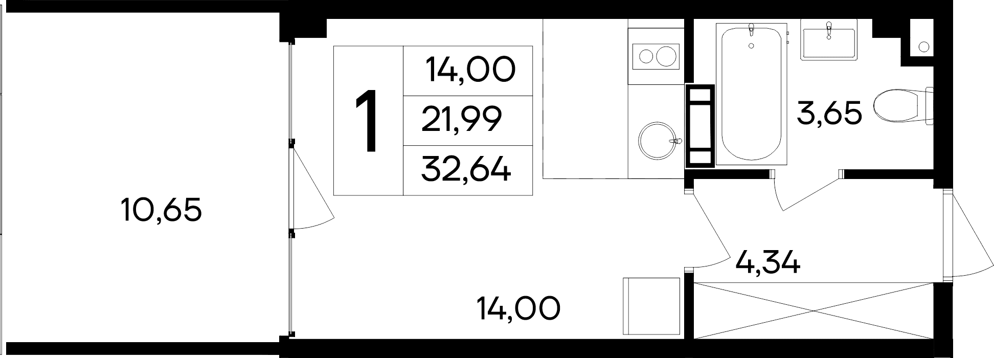Студия, 21.99 м²