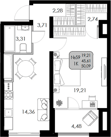 1-комн., 45.61 м²