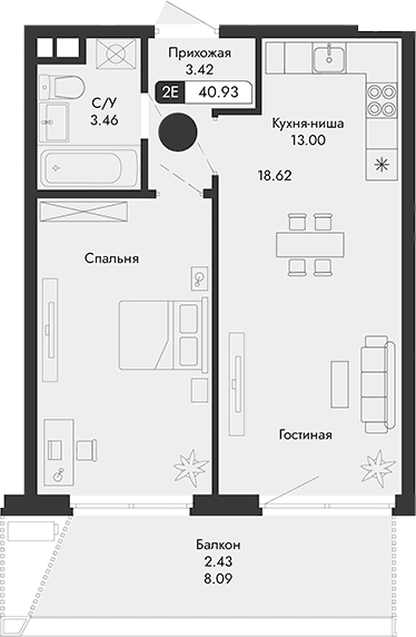 2-комн., 38.5 м²