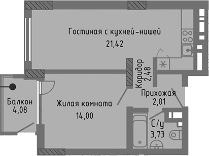 2-комн., 43.64 м²