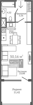Студия, 38.74 м²