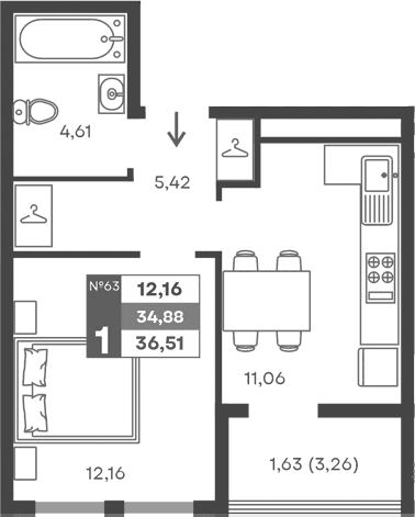 1-комн., 33.25 м²