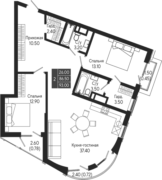 2-комн., 86.5 м²