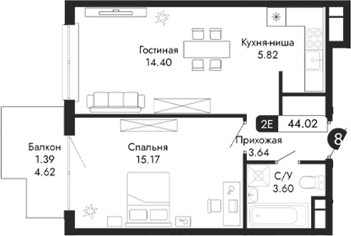 2-комн., 42.66 м²