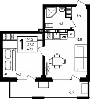 1-комн., 37.2 м²