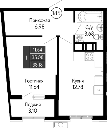 1-комн., 35.08 м²