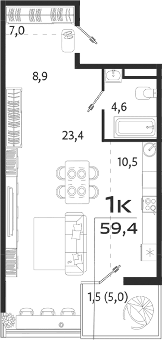 Студия, 54.4 м²