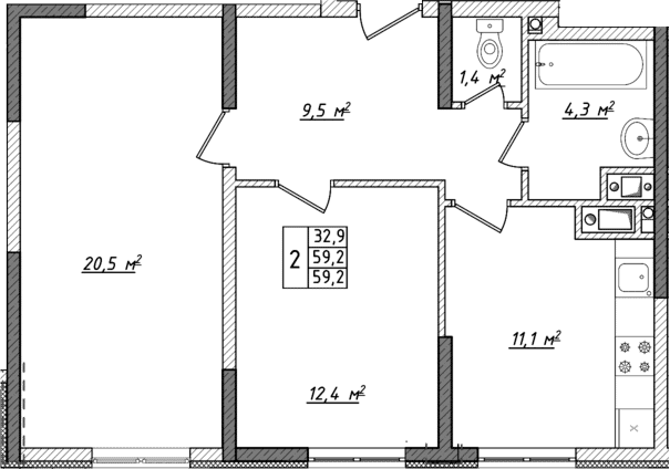 2-комн., 59.2 м²