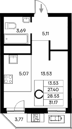 Студия, 27.4 м²