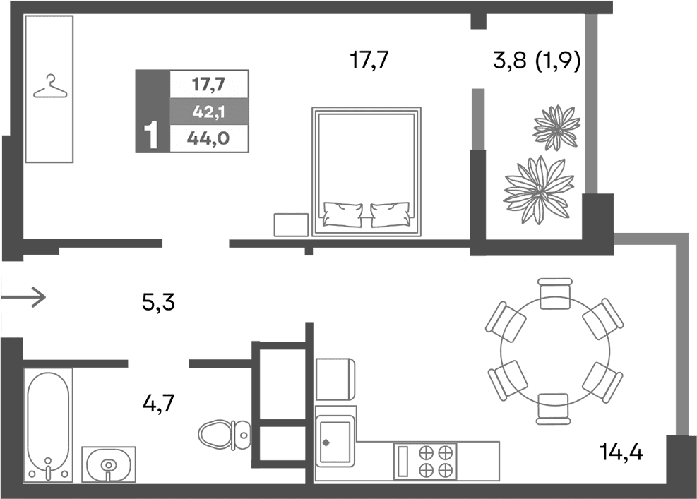 1-комн., 42.1 м²