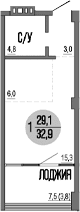 Студия, 29.1 м²