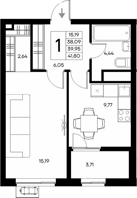 1-комн., 38.09 м²