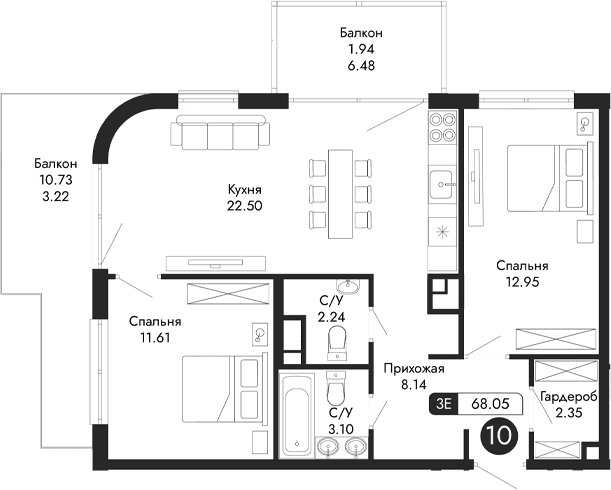 3-комн., 62.89 м²