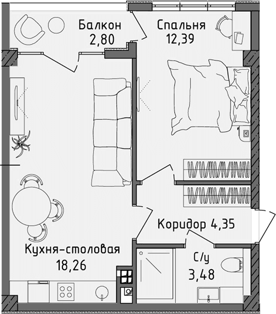 2-комн., 38.48 м²