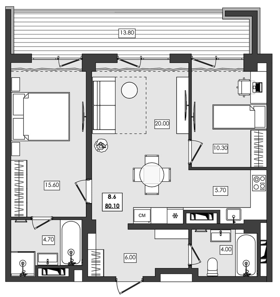 2-комн., 66.3 м²