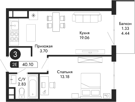 2-комн., 38.77 м²